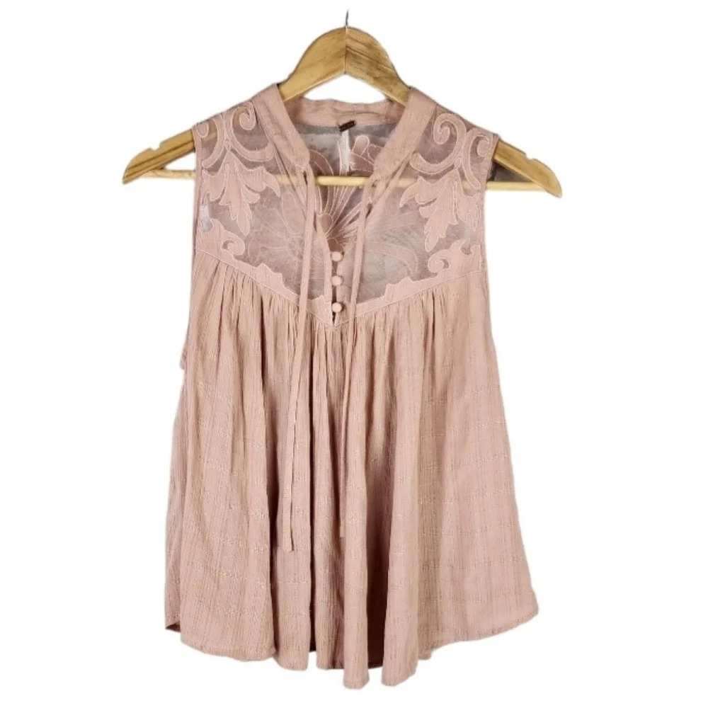 Free People Western Romance Mesh Applique Swing Top Rose Pink Size XS - Picture 2 of 16